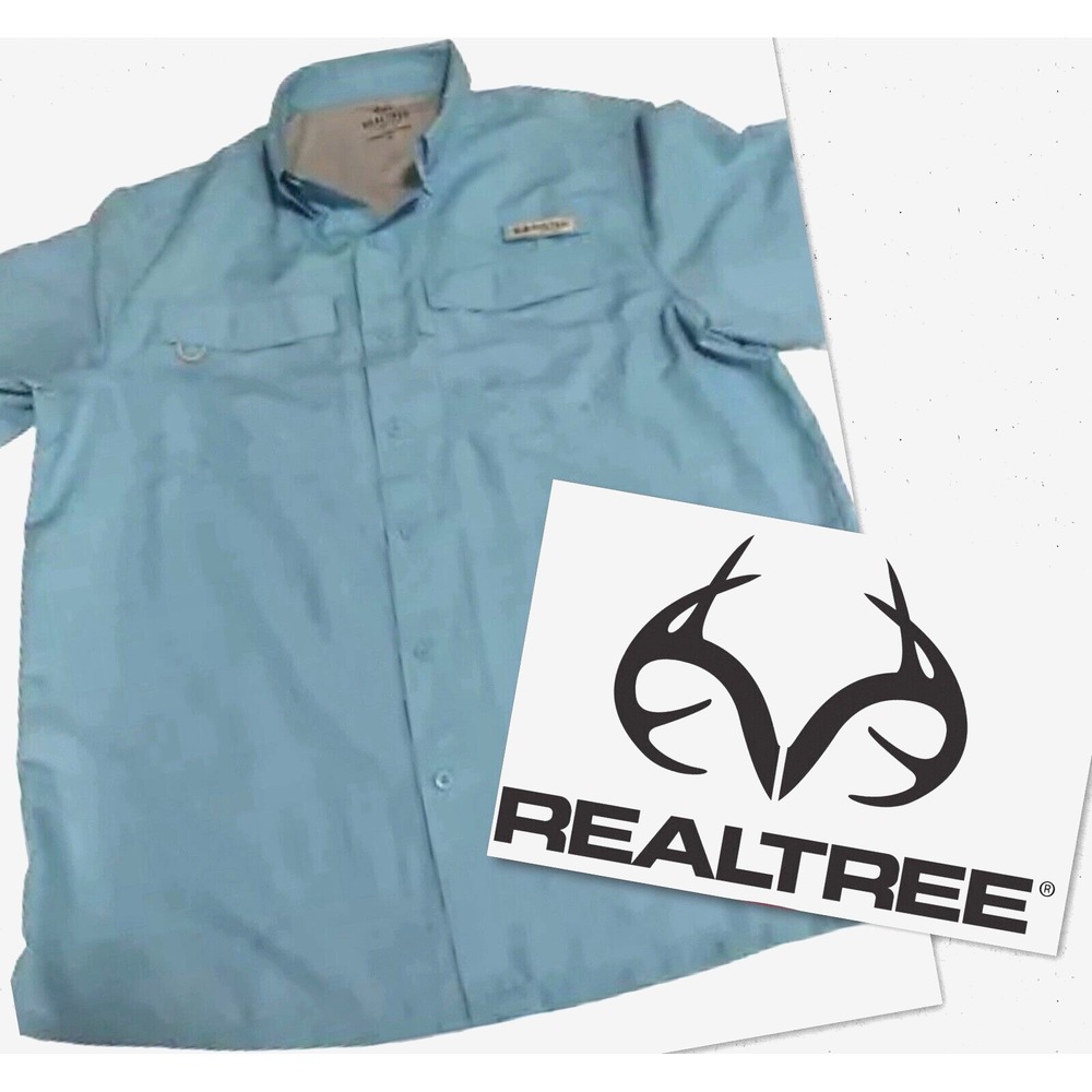 Real Tree Fishing Men's Large Turquoise Blue Button Short Sleeves Vented Shirt